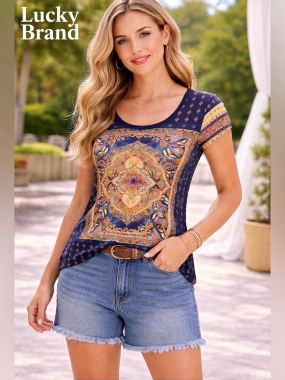 NWT. Lucky Brand Scoop Neck Bohemian Summer Medallion Top.
Hippie Groove. Sz L.